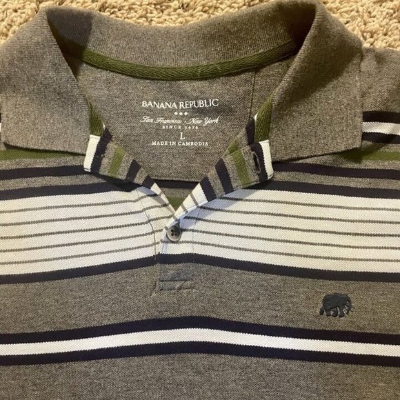 Banana Republic Men’s Large Striped Polo In Excellent Condition: White/Navy/Gray - Picture 2 of 4